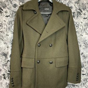 Express Double Breasted Military Peacoat in Olive Green w/Metal Buttons Mens XS